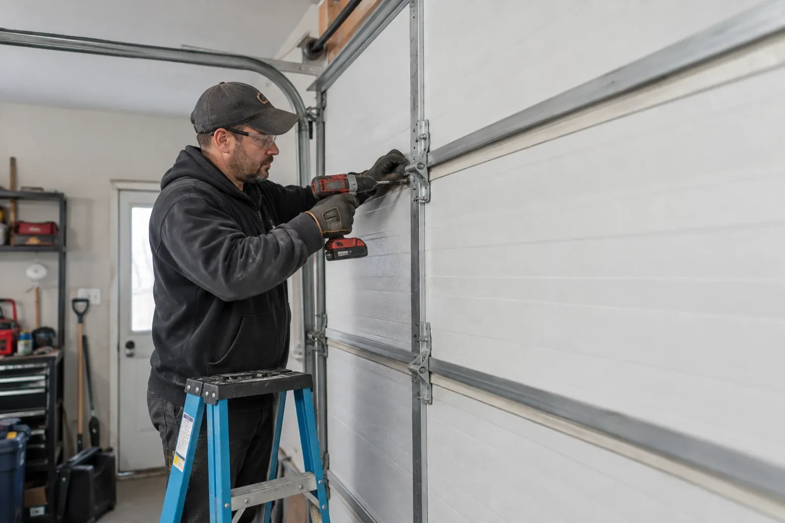 Technician on a blue ladder using a red cordless drill at a steel hinge on a white sectional garage door.