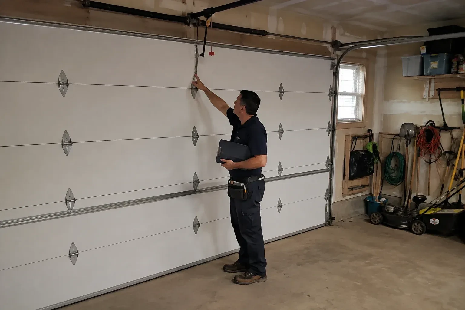 A person holding a clipboard examines the interior hardware of a closed garage door. — Garage Door Tune-Up, Toronto