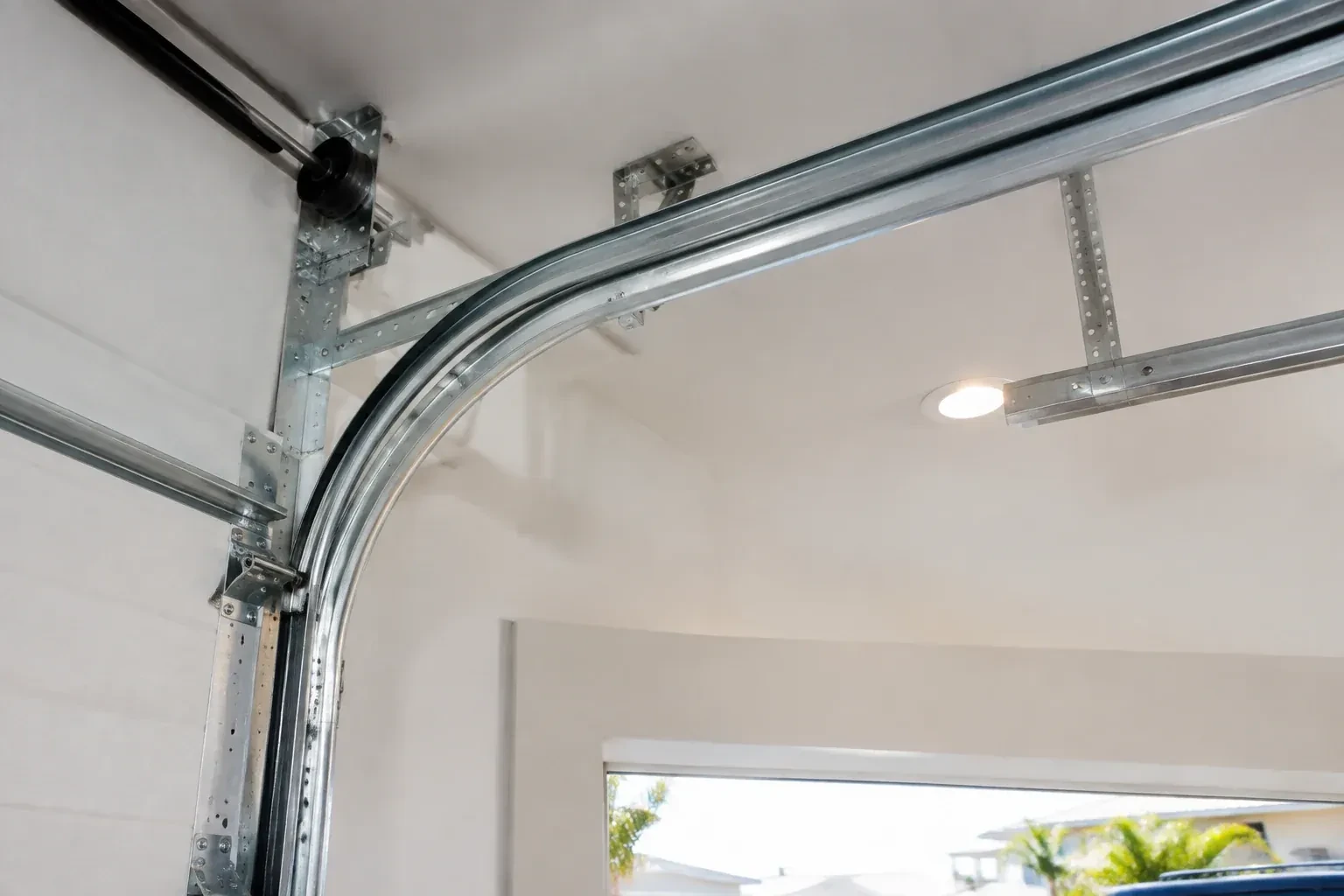 Curved galvanized steel track bending from the vertical door track into the ceiling, with perforated brackets and a recessed light. — Garage Door Track Repair or Replacement, Toronto