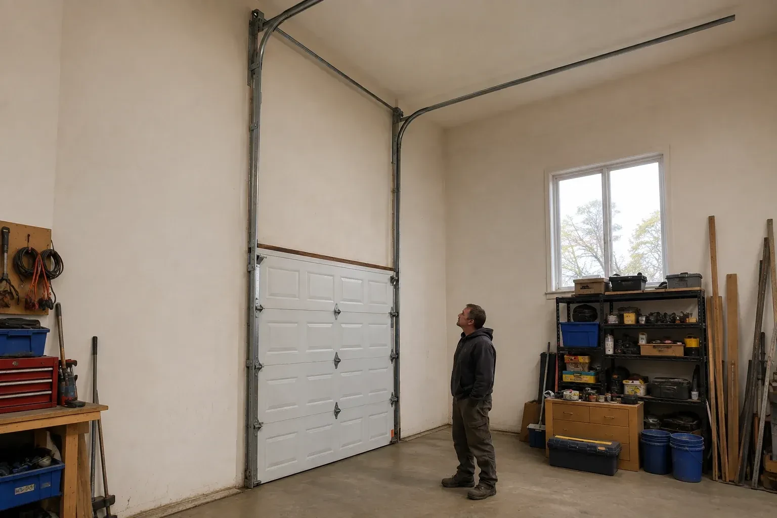 Vertical tracks extend above a closed garage door before curving near a high ceiling, while a person looks upward. — High-Lift Garage Door Conversion, Toronto