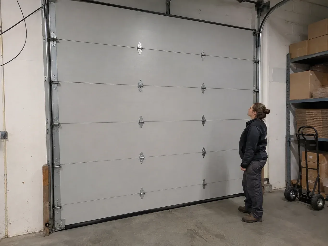 A person looks at a tall closed sectional door with broad panels, hinges and side tracks in a warehouse. — Commercial Sectional Door Repair, Toronto