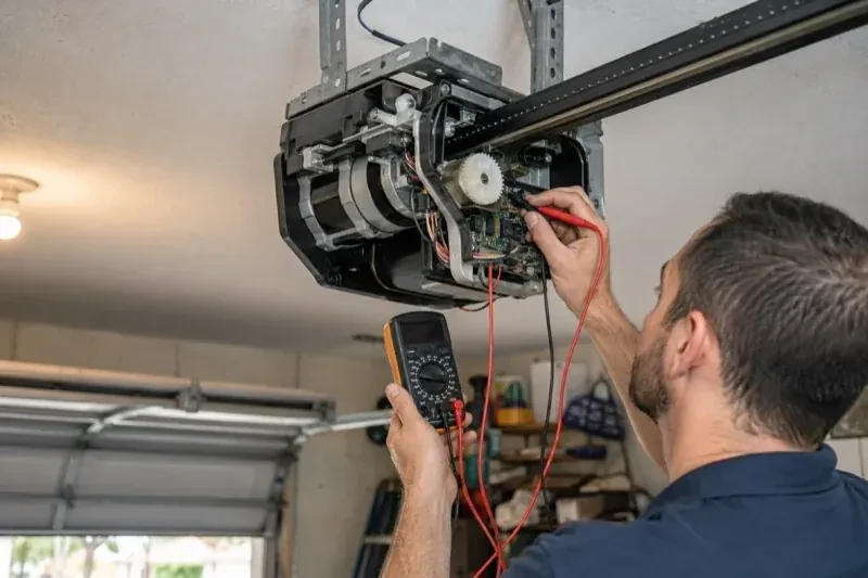 Person holding a multimeter and a red probe near the exposed circuit board of an overhead garage-door opener. — Garage Door Opener Diagnosis and Repair, Toronto