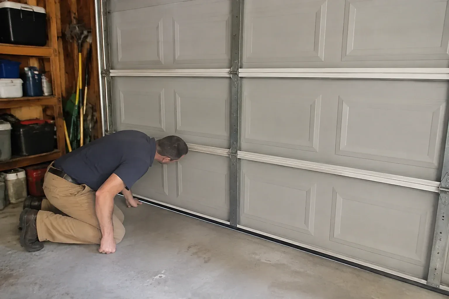 Person kneeling with a hand at the base of a gray paneled door that has a black strip along its bottom. — Garage Door Perimeter Weatherstrip, Toronto