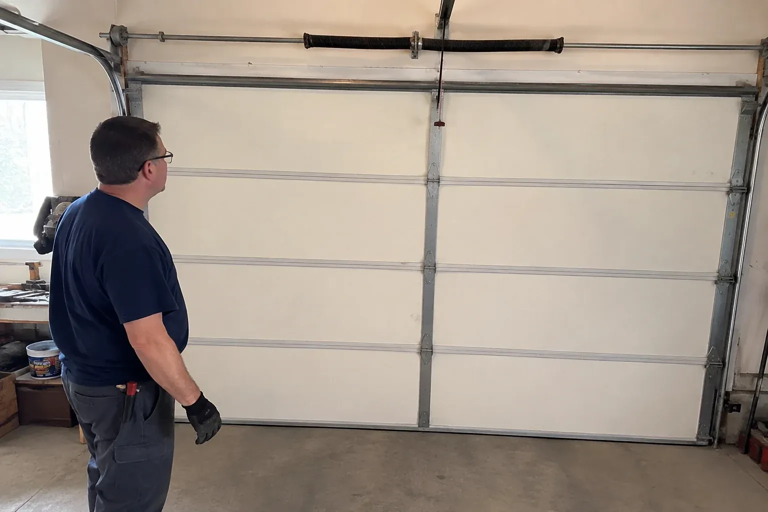 Person in a dark shirt standing before a closed cream sectional door, looking up at a coiled spring and red-tipped cord. — Off-Track Garage Door Reset, Toronto