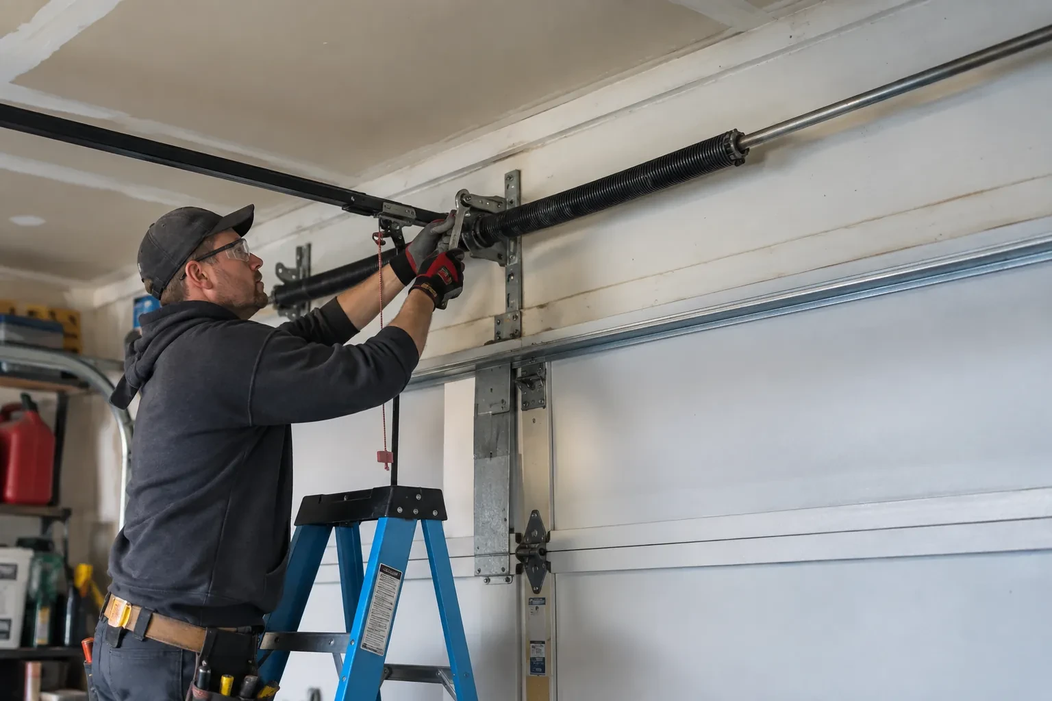 Technician on a blue ladder holding a wrench at a coiled torsion spring above a white garage door.