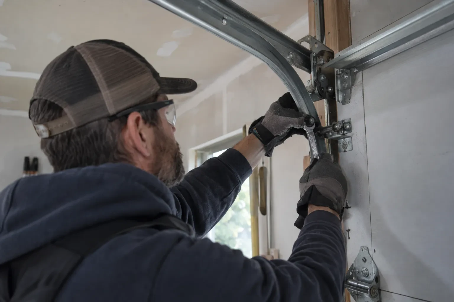 Technician in a mesh cap and safety glasses holding a wrench to a bracket at the bend of the metal door track.